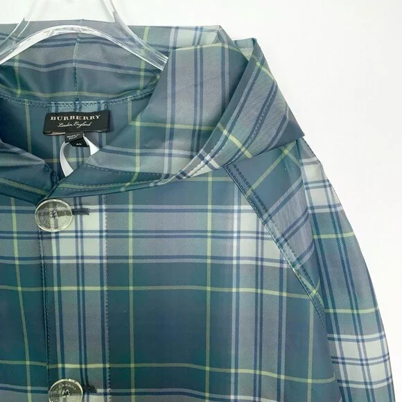 008462 Burberry Check Hooded Raincoat Green Size 46 Slightly Stains
